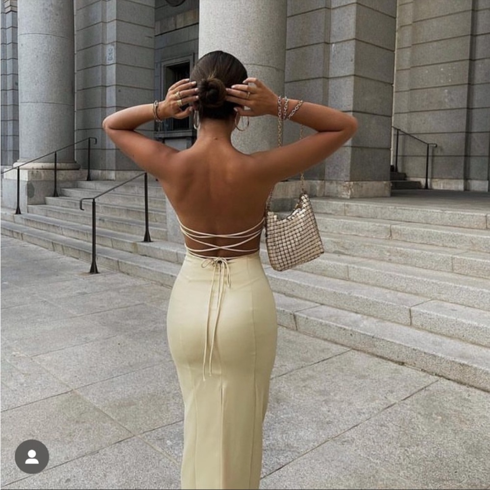 Zara Champagne Satin Strapless Midi Dress - Picture 4 of 7